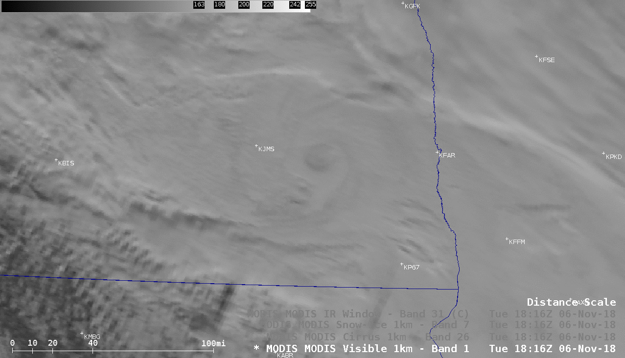 Terra and Aqua MODIS Visible (0.65 µm), Cirrus (1.37 µm), Snow/Ice (1.61 µm) and Infrared Window (11.0 µm) at 1816 UTC and 1955 UTC [click to enlarge | MP4]