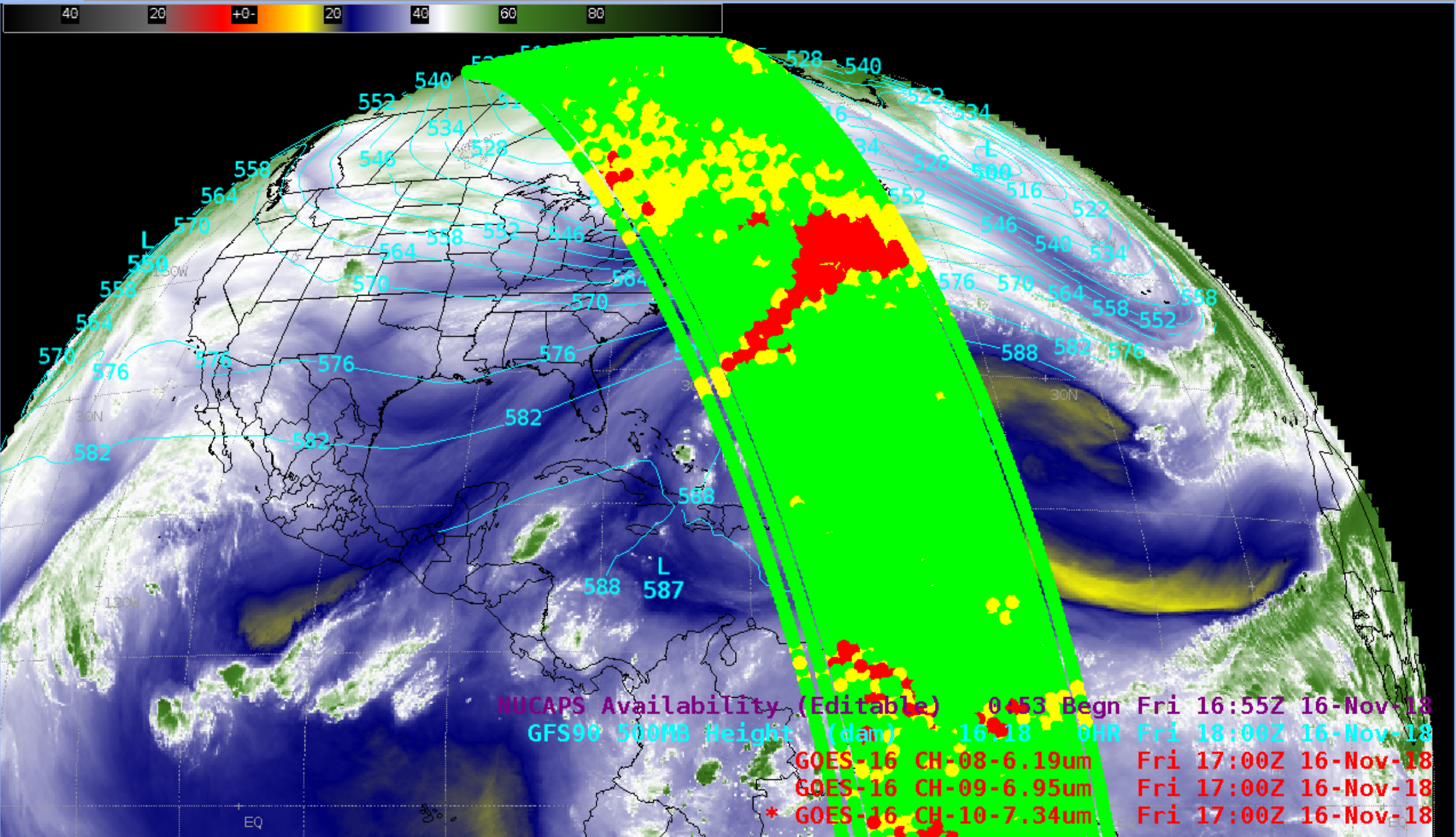 GOES-16 Upper-level (6.2 µm) Water Vapor image at 1700 UTC, with a swath of NUCAPS sounding availability [click to enlarge]