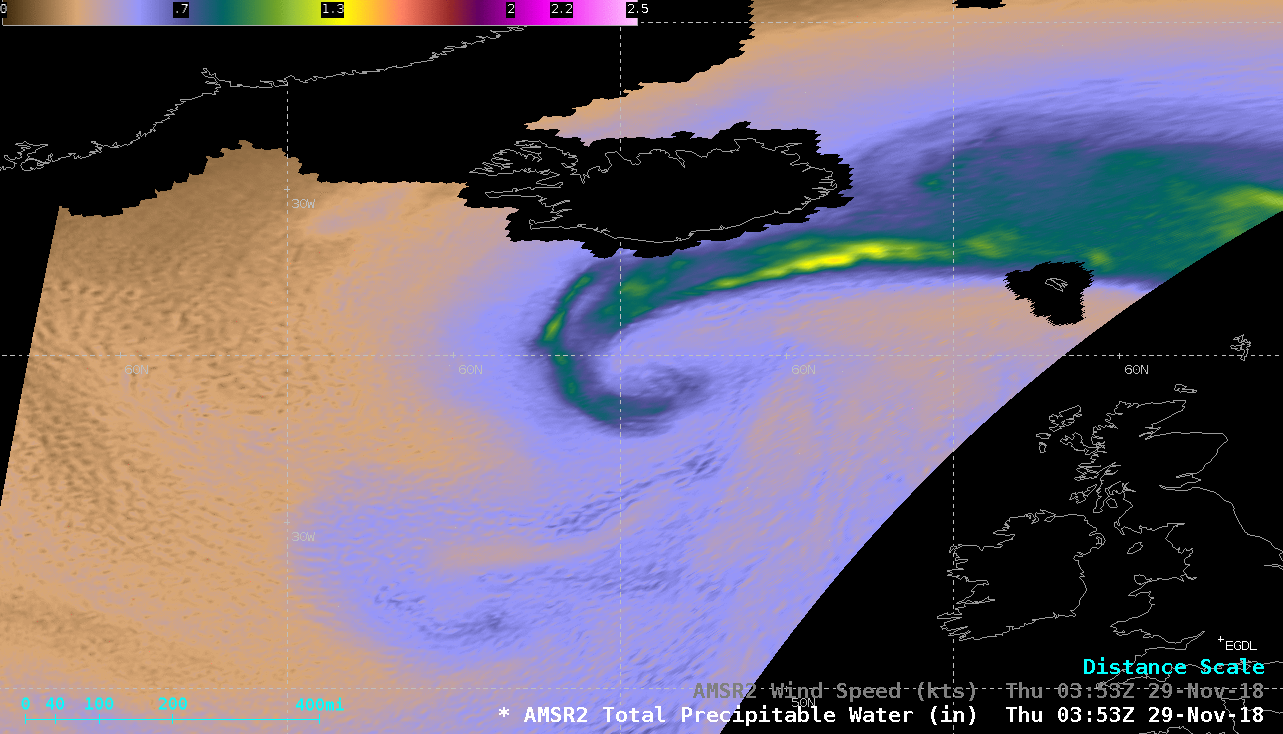 GCOM-W1 AMSR2 Total Precipitable Water and Wind Speed products at 0353 UTC on 29 November [click to enlarge]