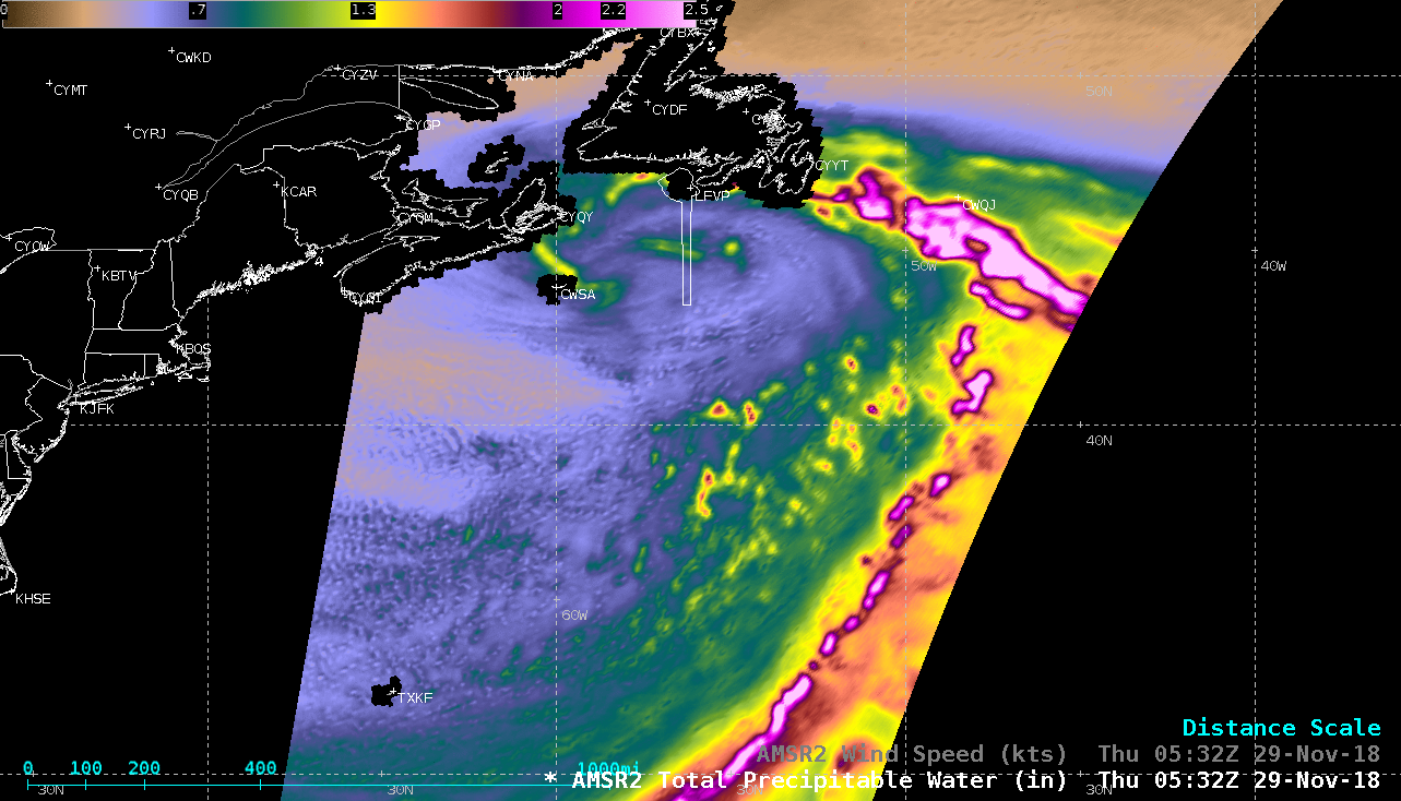 GCOM-W1 AMSR2 Total Precipitable Water, Wind Speed at 0532 and 1529 UTC [click to enlarge]