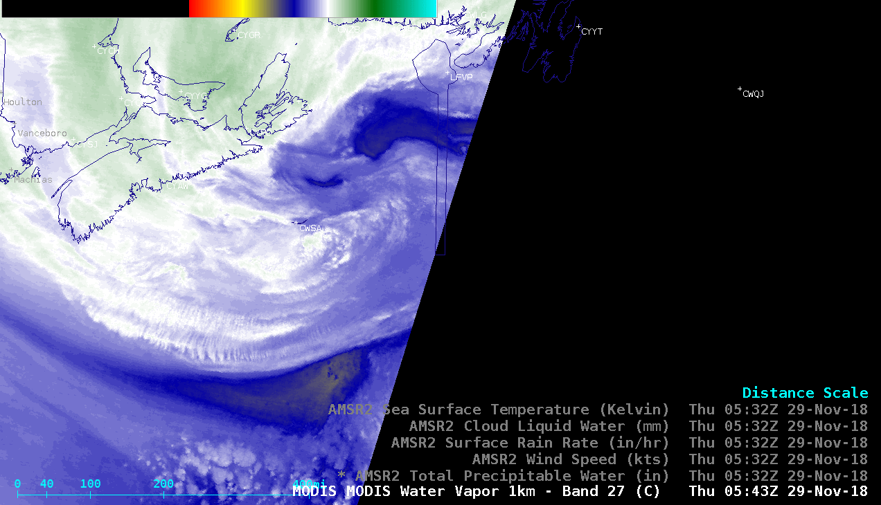 Aqua MODIS Water Vapor (6.7 µm) and Infrared Window (11.0 µm) images at 0543 UTC [click to enlarge]