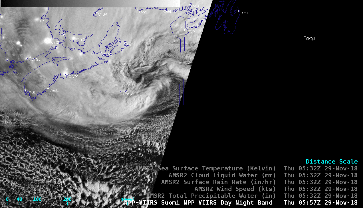NOAA-20 VIIRS Day/Night Band (0.7 µm) and Infrared Window (11.45 µm) images at 0557 UTC [click to enlarge]