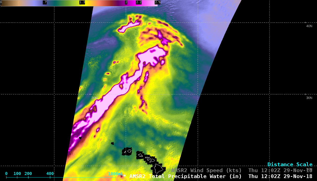 GCOM-W1 AMSR2 Total Precipitable Water and Wind Speed products north of Hawai'i at 1202 UTC on 29 November [click to enlarge]