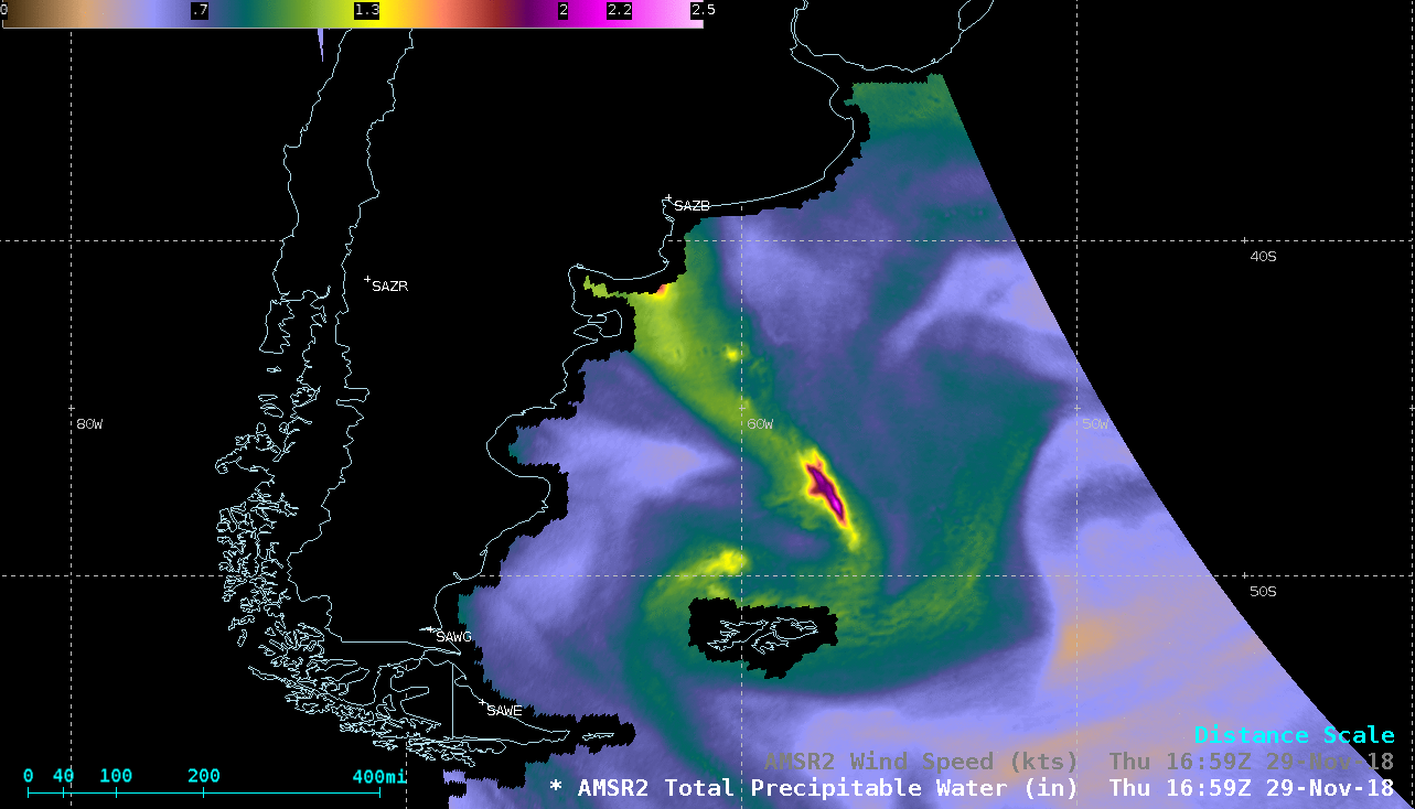 GCOM-W1 AMSR2 Total Precipitable Water and Wind Speed products southeast of Argentina at 1659 UTC on 29 November [click to enlarge]