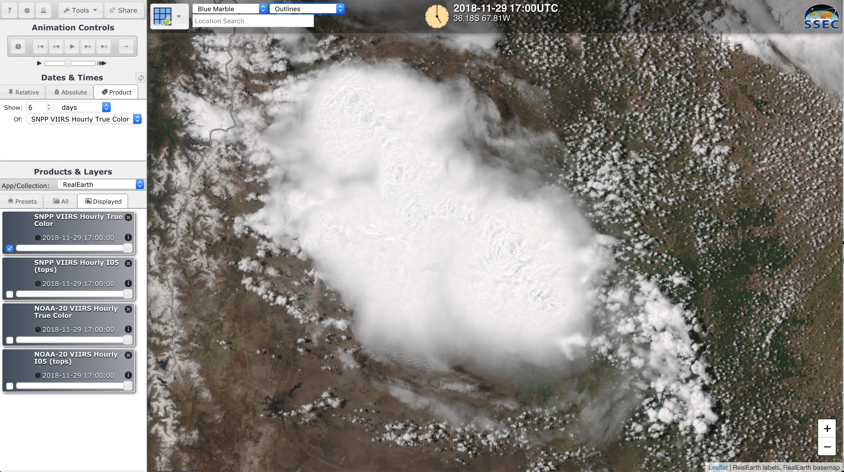 Suomi NPP VIIRS True Color RGB and Infrared Windoe (11.45 µm) images at 1753 UTC [click to enlarge]