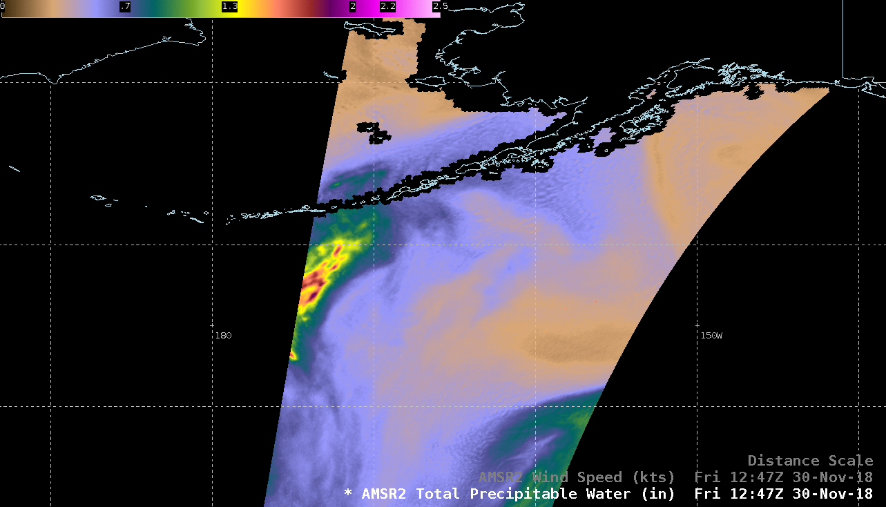 GCOM-W1 AMSR2 Total Precipitable Water and Wind Speed products over the Aleutian Islands at 1247 UTC on 30 November [click to enlarge]