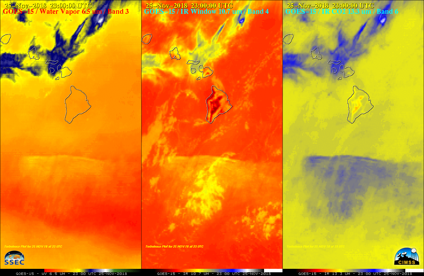 GOES-15 Water Vapor (6.5 µm, keft), Infrared Window (10.7 µm, center) and Infraered CO2 (13.3 µm, right) images [click to play animation | MP4]