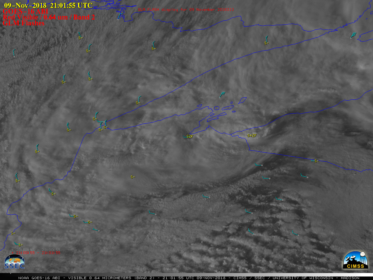 GOES-16 "Red" Visible (0.64 µm) images, with hourly surface weather type plotted in yellow [click to play MP4 animation]