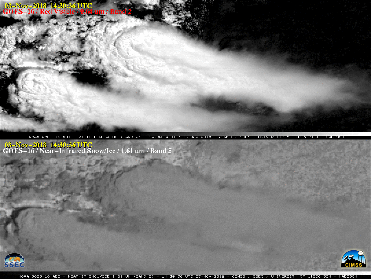 GOES-16 "Red" Visible (0.64 µm), Near-Infrared "Snow/Ice" (1.61 µm) images [click to play animation | MP4]
