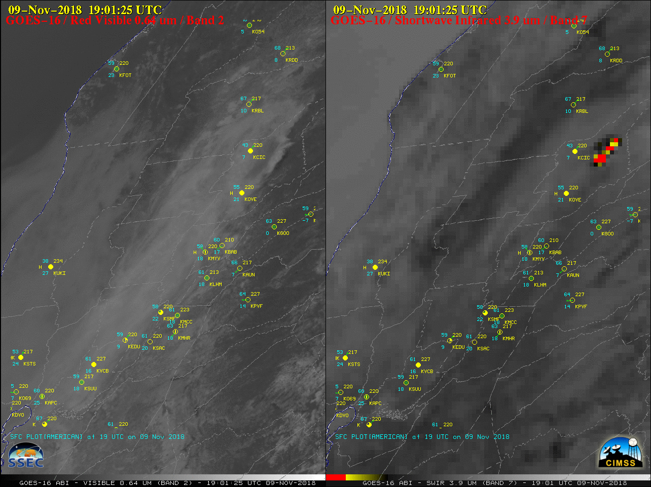 GOES-16 "Red" Visible (0.64 µm, left) and Shortwave Infrared (3.9 µm, right) images [click to play MP4 animation]
