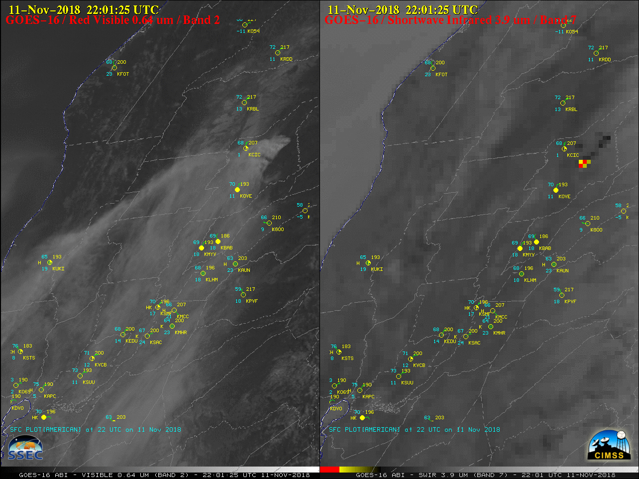 GOES-16 “Red” Visible (0.64 µm, left) and Shortwave Infrared (3.9 µm, right) images [click to play MP4 animation]
