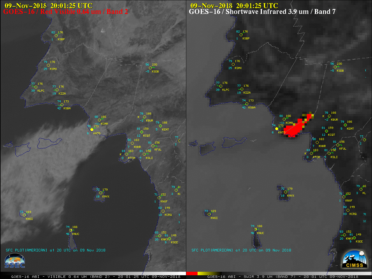 GOES-16 “Red” Visible (0.64 µm, left) and Shortwave Infrared (3.9 µm, right) images [click to play MP4 animation]