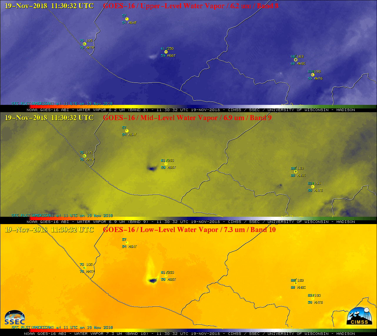 GOES-16 Upper-level (6.2 µm, top), Mid-level (6.9 µm, center) and Low-level (7.3 µm, bottom) Water Vapor images [click to play animation | MP4]