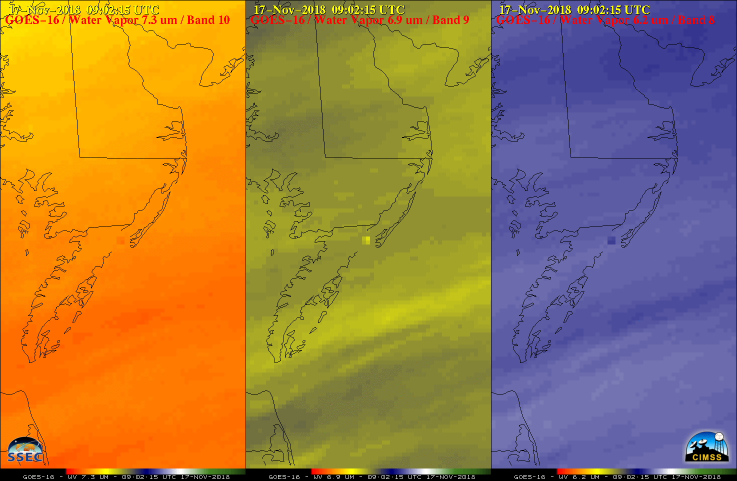GOES-16 Low-level (7.3 µm, left). Mid-level (6.9 µm, center) and Upper-level (6.2 µm, right) Water Vapor images [click to play animation | MP4]