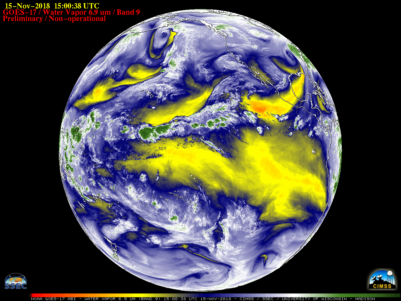 GOES-17 Low-level (7.3 µm), Mid-level (6.9 µm) and Upper-level (6.2 µm) Water Vapor images [click to play animation | MP4]