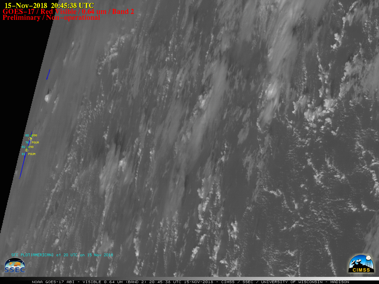 GOES-17 "Red" Visible (0.64 µm) images, with hourly plots of surface observations [click to play animation | MP4]
