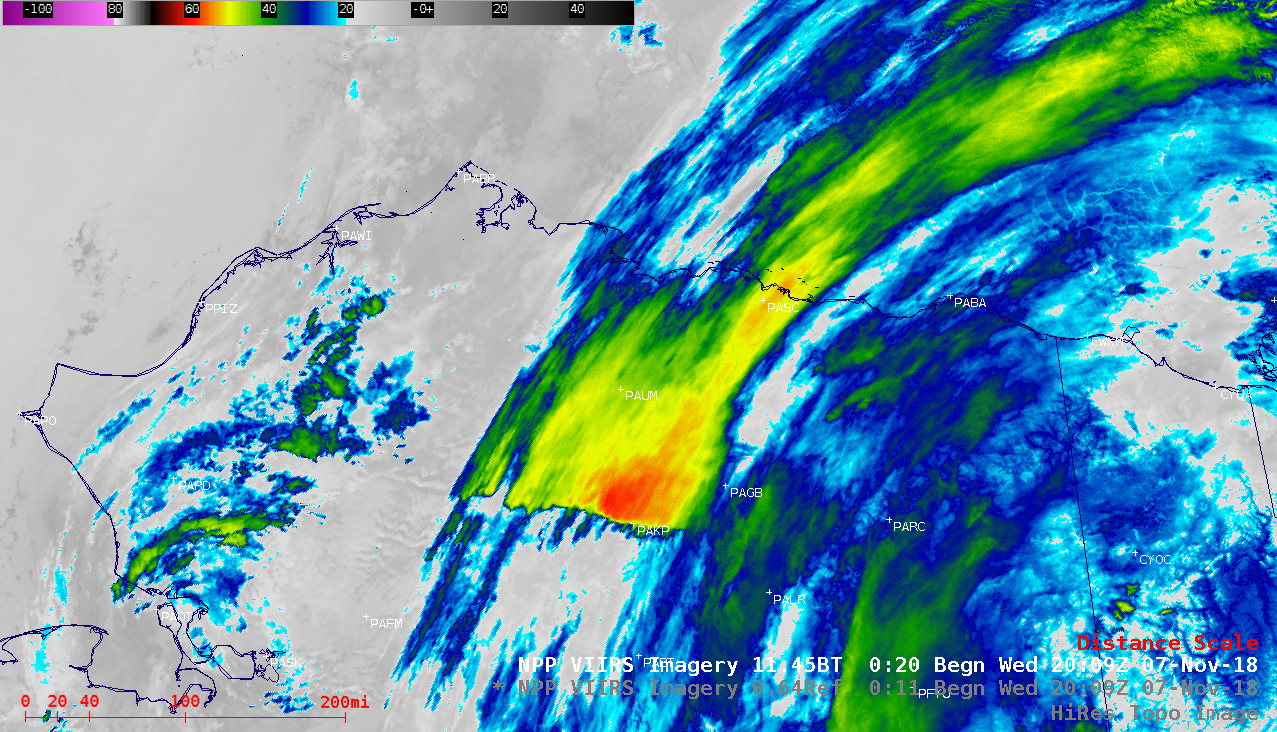 Topography + Suomi NPP VIIRS Infrared Window (11.45 µm) images, with/without overlays of NAM12 250 hPa winds [click to play animation | MP4]