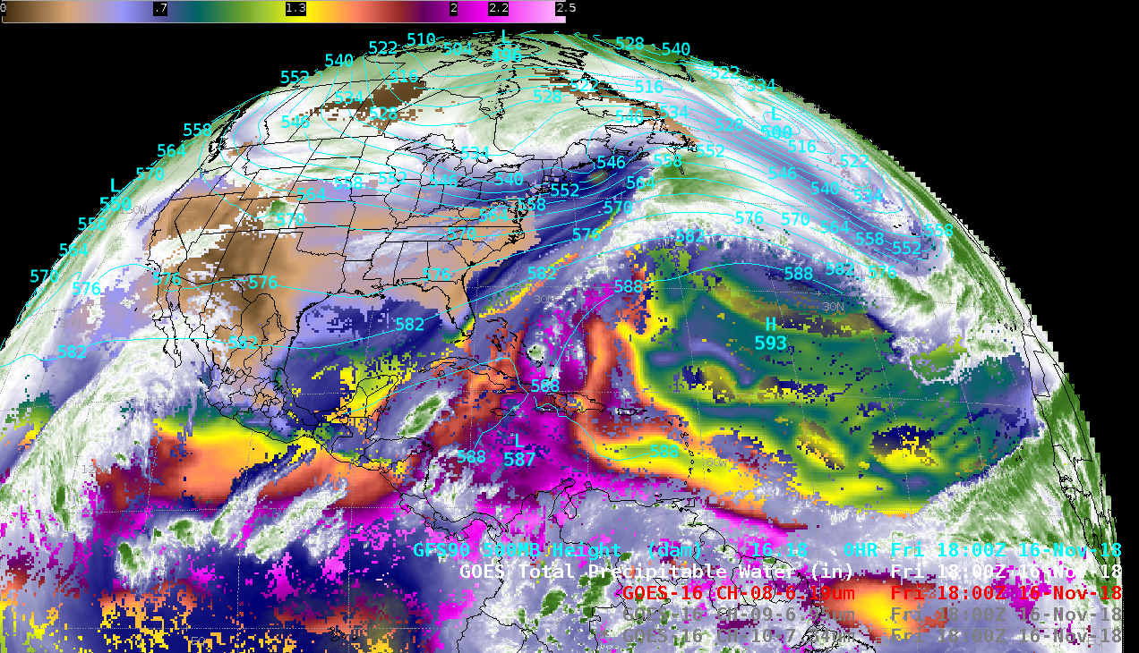 GOES-16 Upper-level Water Vapor + Total Precipitable Water [click to play animation | MP4]