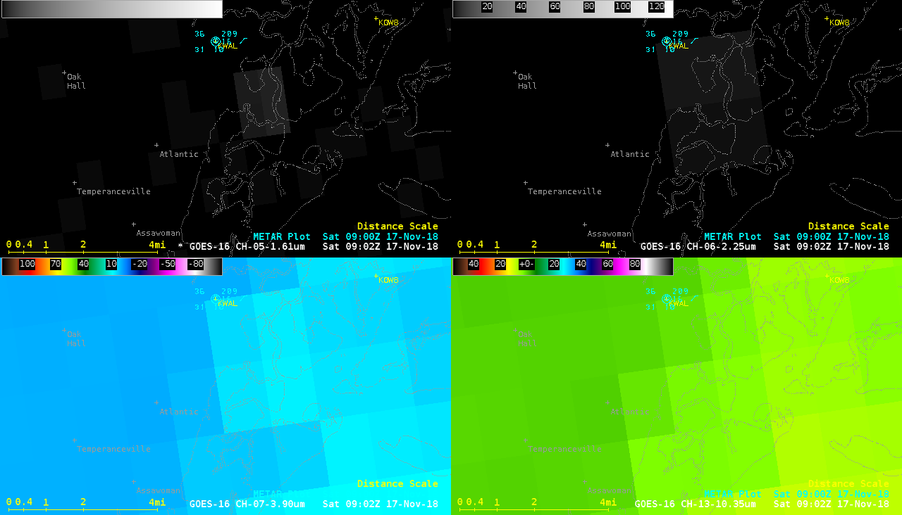 GOES-16 Near-Infrared "Snow/Ice" (1.61 µm, left). Near-Infrared "Cloud Particle Size" (2.24 µm, center), Shortwave Infrared (3.9 µm, right) and "Clean" Infrared Window (10.3 µm) images [click to play animation | MP4]