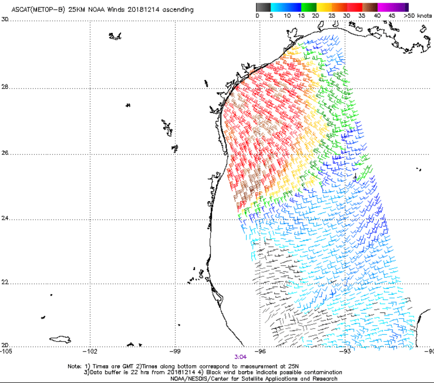 Metop-A and Metop-B ASCAT surface scatterometer winds across the western Gulf of Mexico [click to enlarge]