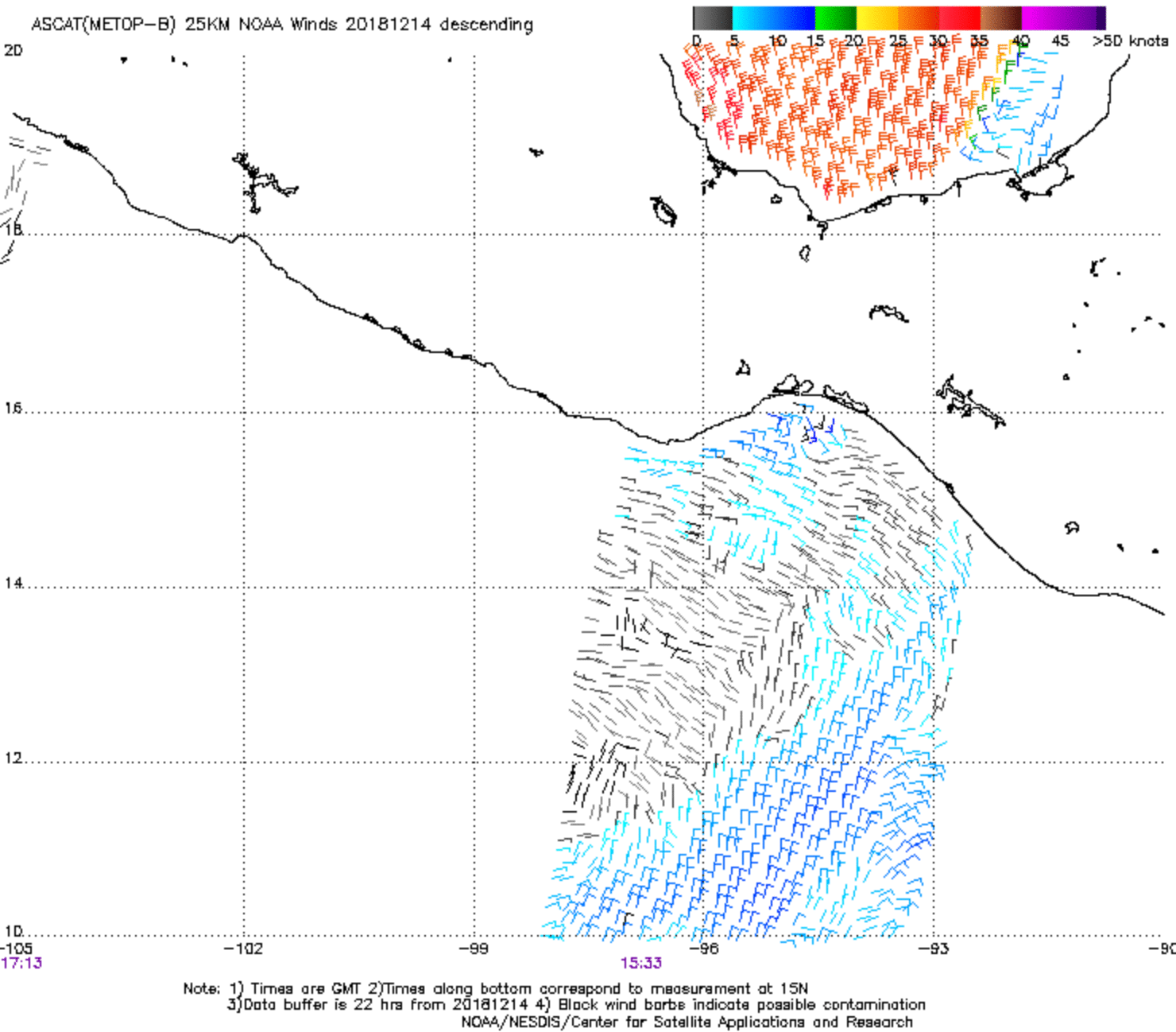 Metop-A and Metop-B ASCAT surface scatterometer winds across the southern Gulf of Mexico and the Gulf of Tehuantepec [click to enlarge]