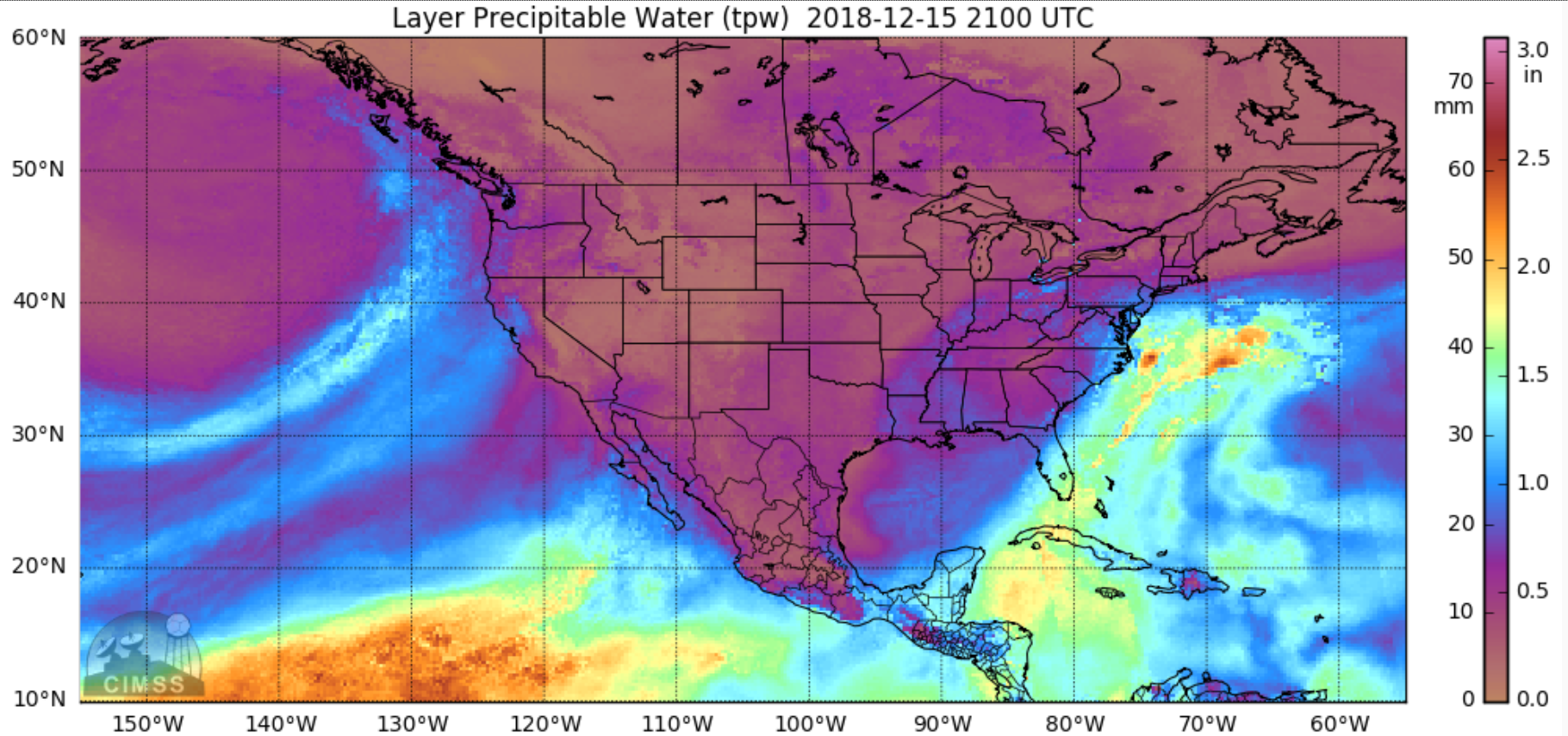 MIMIC Total Precipitable Water product (Total column, and Surface-850 hPa layer) [click to play animation]