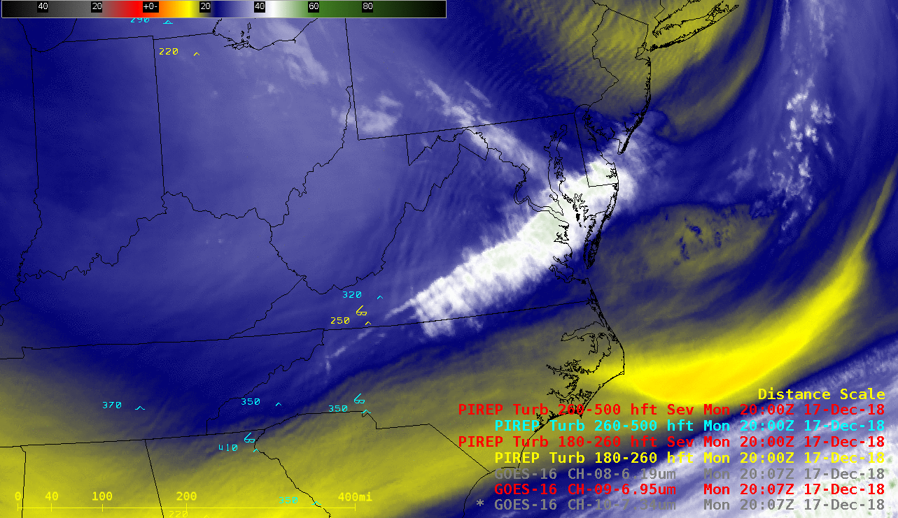 GOES-16 Mid-level Water Vapor (6.9 µm), Cloud Top Phase and Cloud Top Height products [click to enlarge]