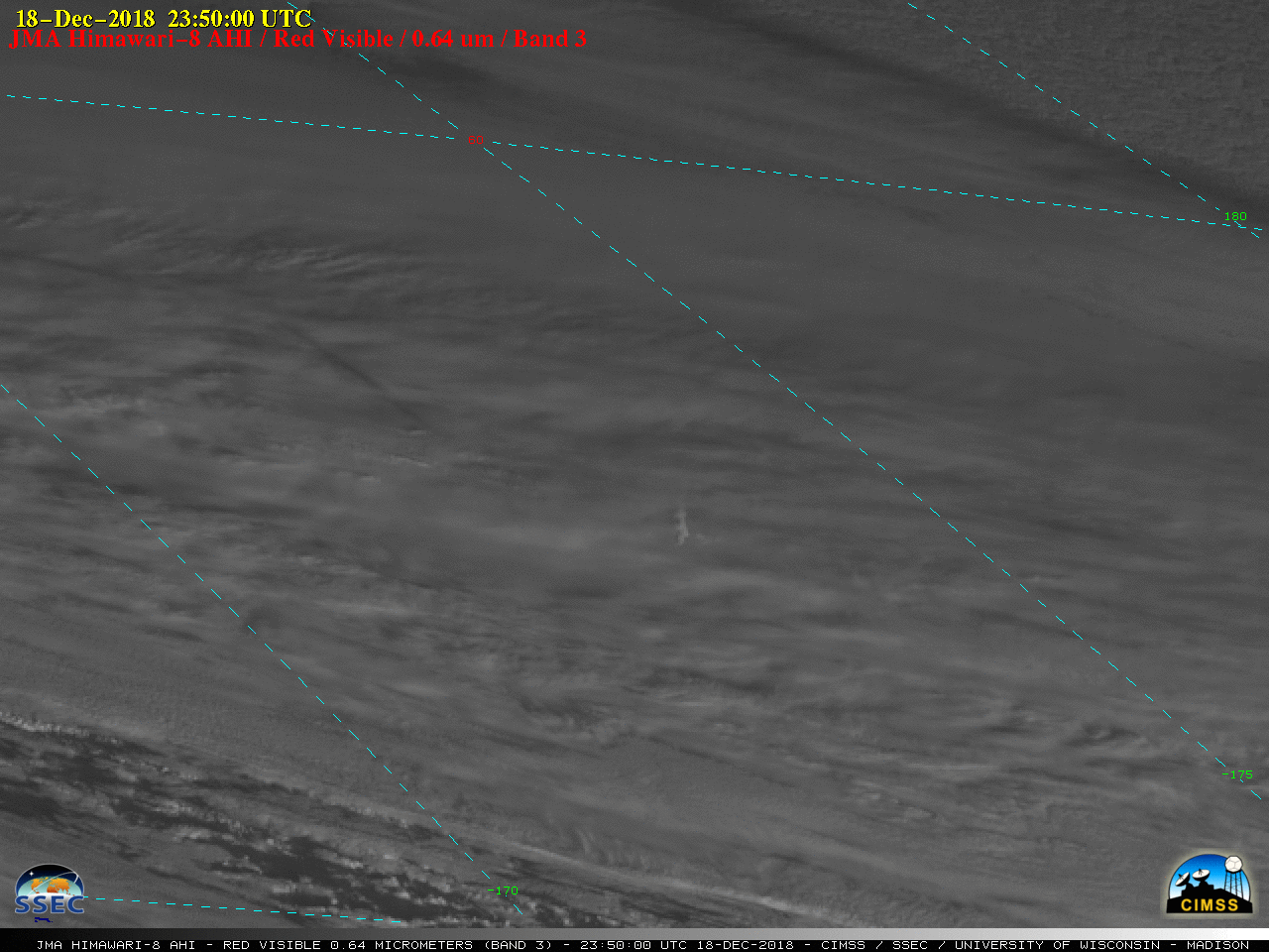 Himawari-8 "Red" Visible (0.64 µm) and Shortwave Infrared (3.9 µm) images at 2350 UTC [click to enlarge]