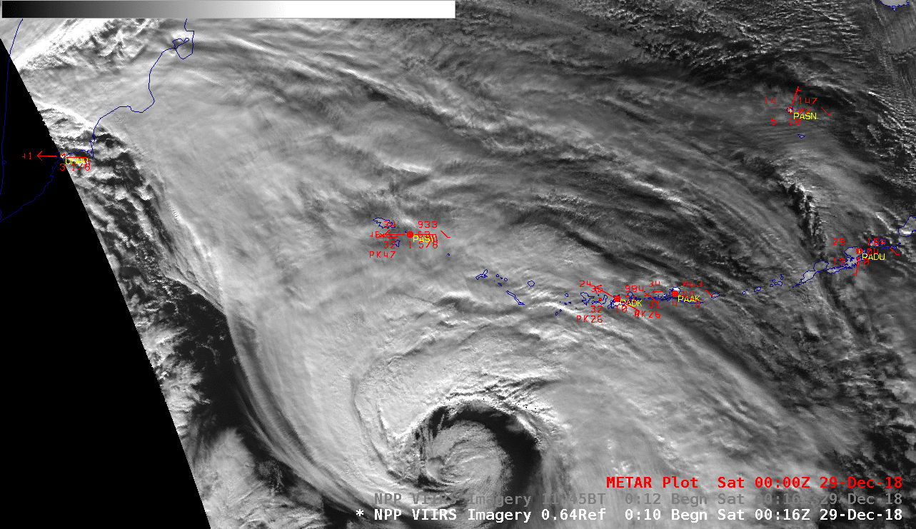 Suomi NPP VIIRS Visible (0.64 µm), Day/Night Band (0.7 µm) and Infrared Window (11.45 µm) images [click to enlarge]