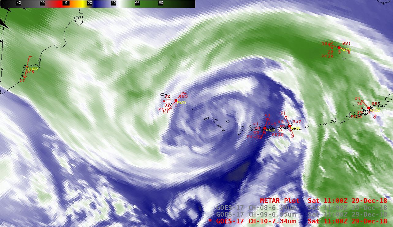 GOES-17 Low-level (7.3 µm), Mid-level (6.9 µm) and Upper-level (6.2 µm) Water Vapor images at 1100 UTC [click to enlarge]