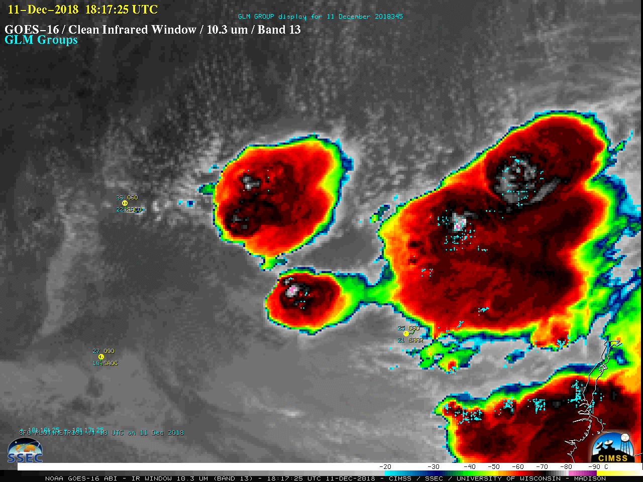 GOES-16 "Clean" Infrared Window (10.3 µm) images, with GLM Groups plotted cyan [click to play MP4 animation]