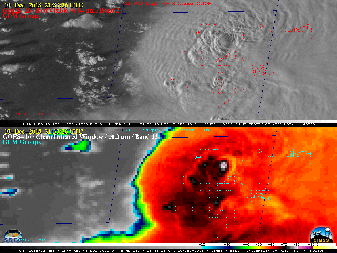 GOES-16 "Red" Visible (0.64 µm, top) with GLM Groups and "Clean" Infrared Window (10.3 µm, bottom) images [click to play MP4 animation]