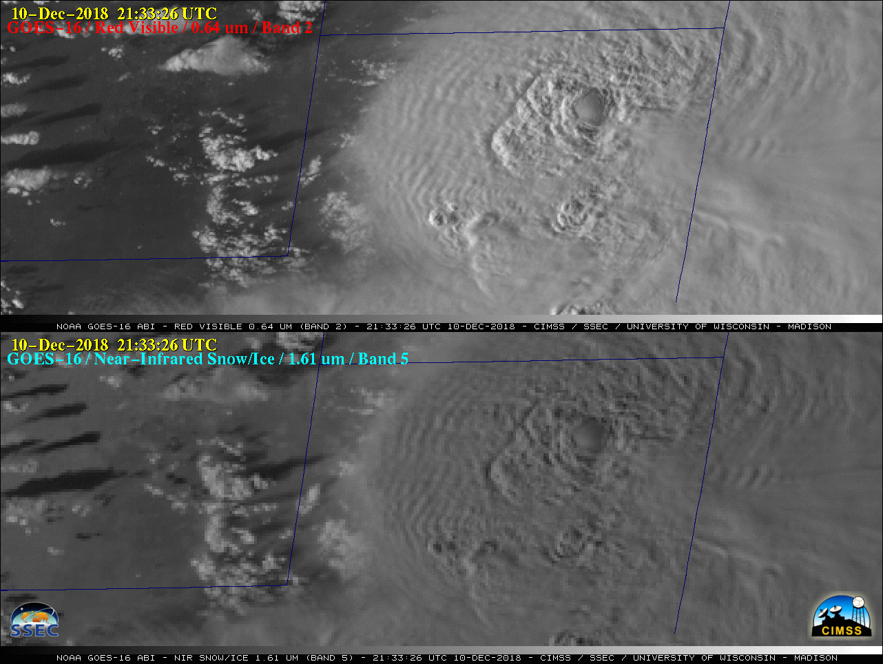 GOES-16 "Red" Visible (0.64 µm, top) and Near-Infrared "Snow/Ice" (1.61 µm, bottom) images [click to play MP4 animation]