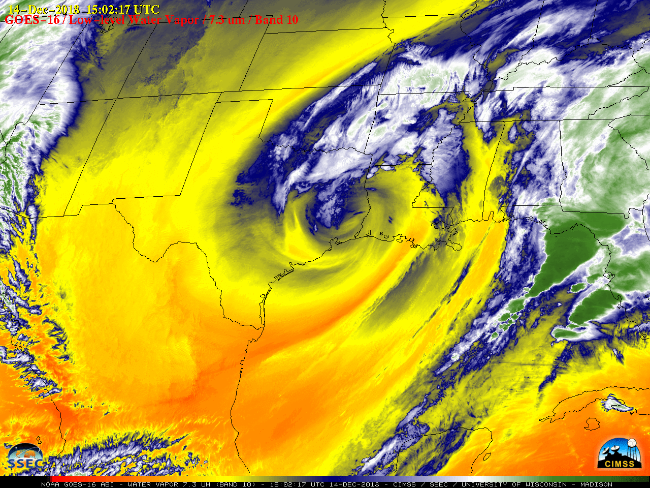 GOES-16 Low-level Water Vapor (7.3 µm) images, 13-15 December [click to play MP4 animation]