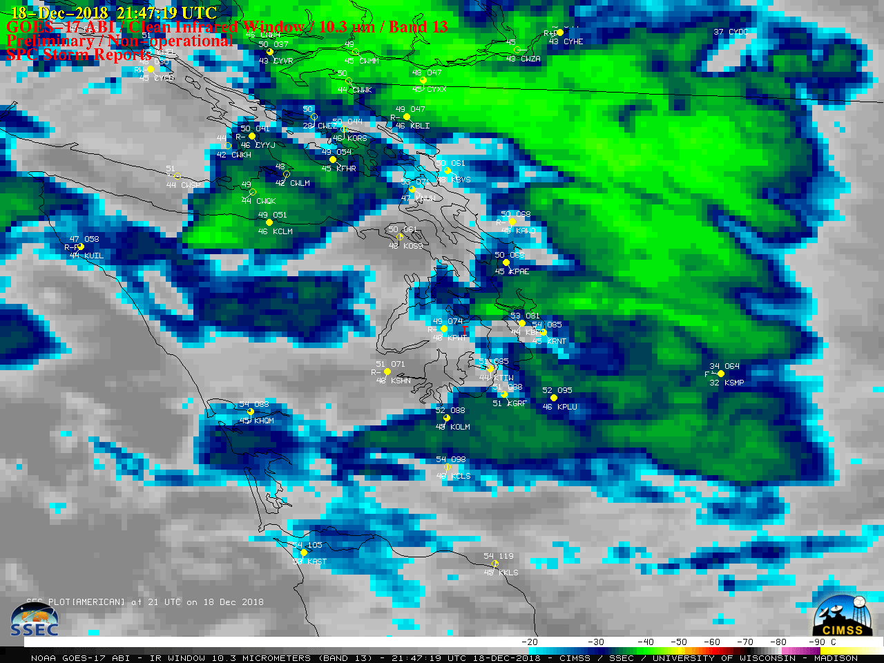 GOES-17 "Clean" Infrared Window (10.3 µm) images, with plots of hourly surface reports and SPC storm reports [click to play animation | MP4]