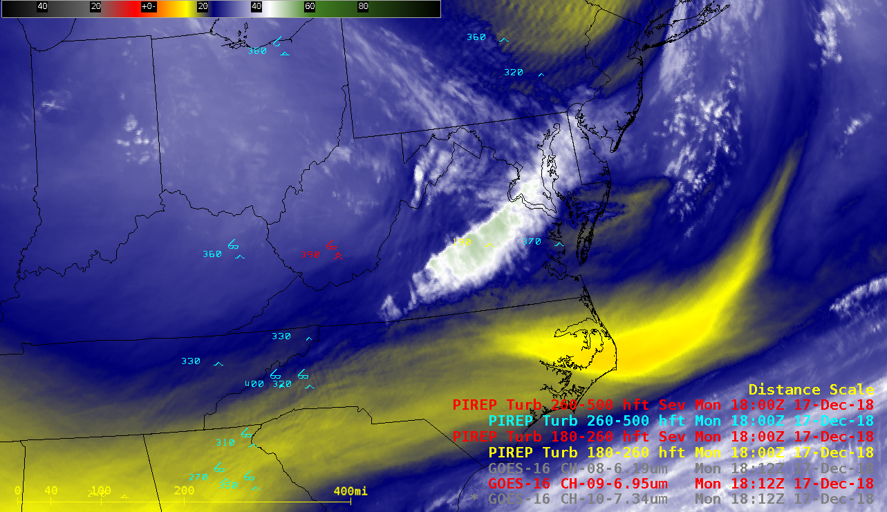 Topography + GOES-16 Low-level (7.3 µm), Mid-level (6.9 µm) and Upper-level (6.2 µm) Water Vapor images, with pilot reports of turbulence [click to play MP4 animation]