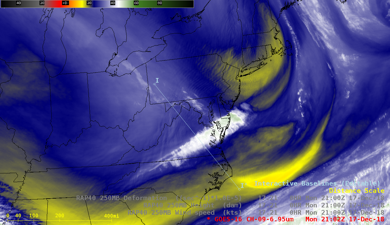 GOES-16 Mid-level Water Vapor (6.9 µm) image at 2102 UTC, showing the orientation of a nortwest-southeast cross section [click to enlarge]