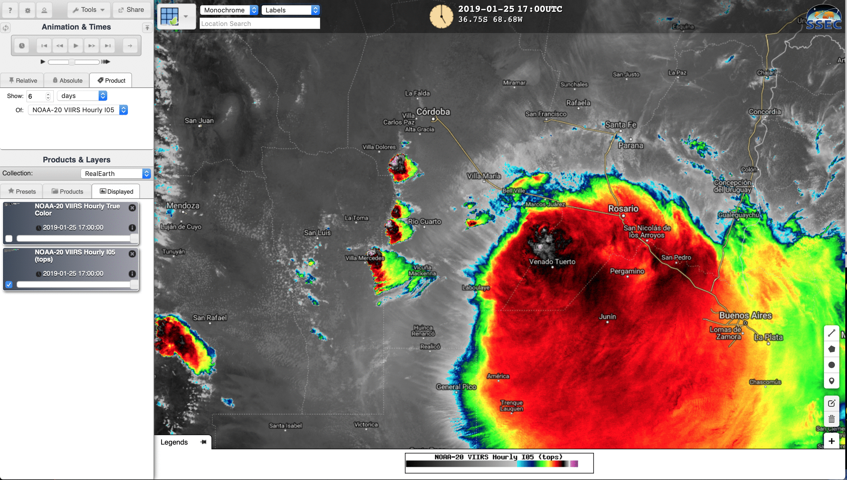 NOAA-20 VIIRS True Color Red-Green-Blue (RGB) and Infrared Window (11.45 µm) images [click to enlarge]