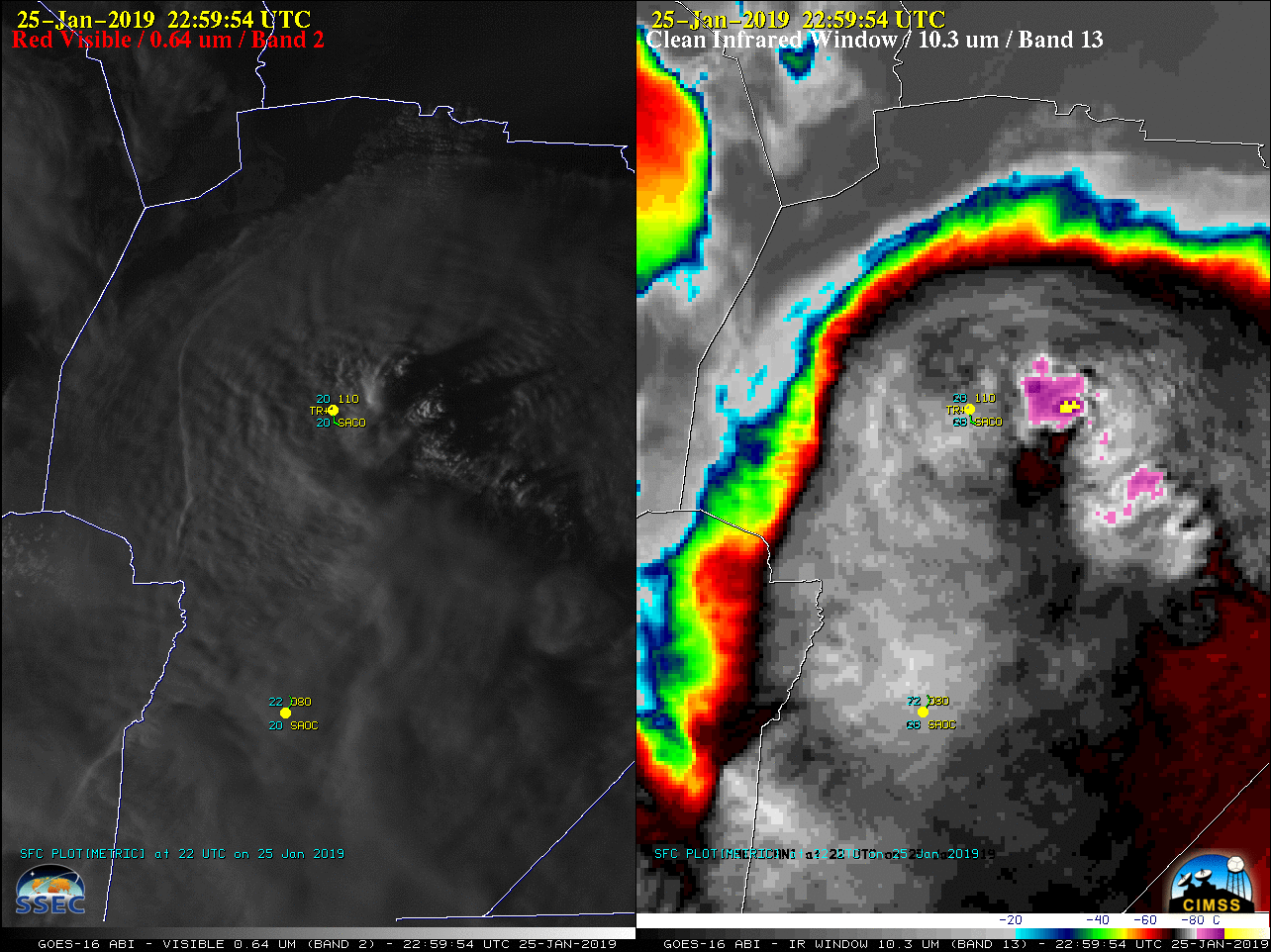 GOES-16 "Red" Visible (0.64 µm, left) and "Clean" Infrared Window (10.3 µm, right) images [click to play MP4 animation]