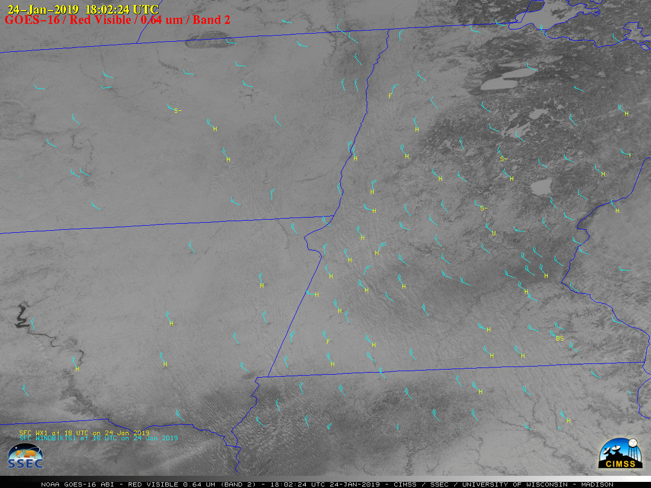 GOES-16 "Red" Visible (0.64 µm) images, with hourly plots of surface wind barbs and weather type [click to play MP4 animation]