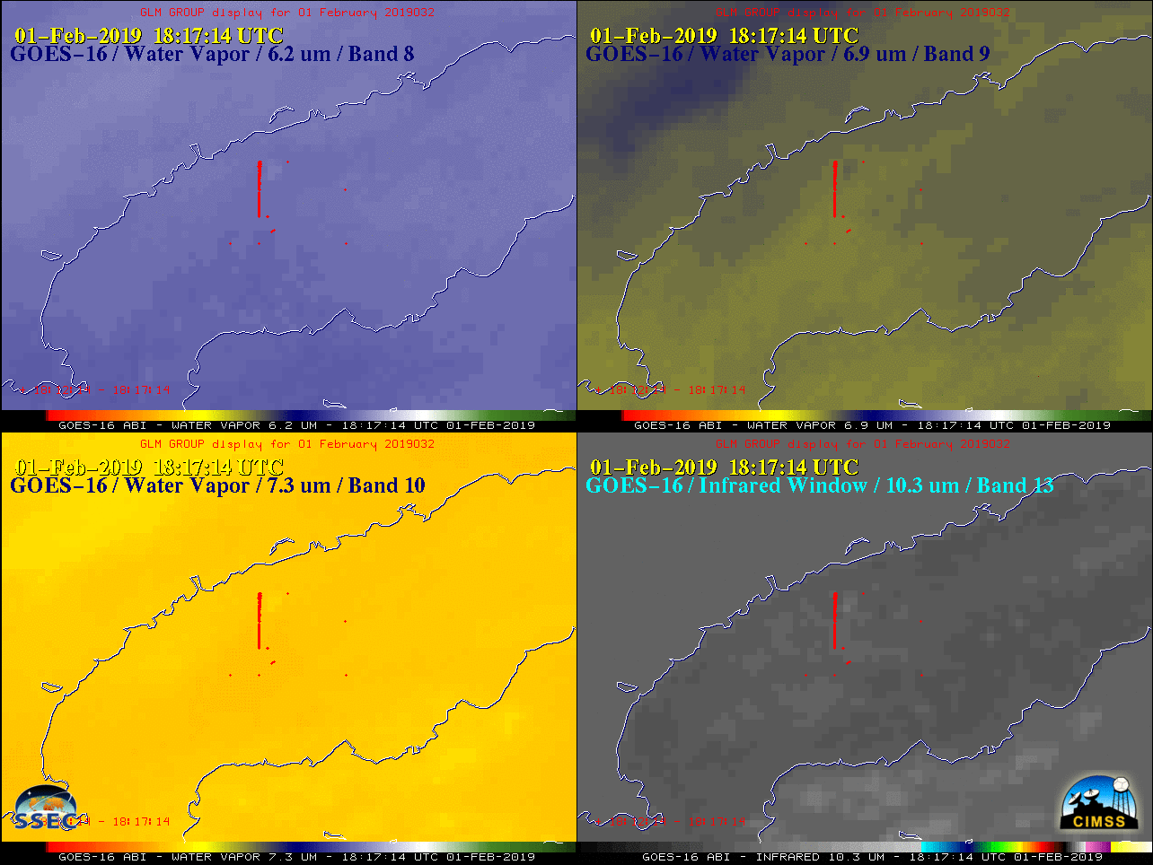 GOES-16 Upper-level (6.2 µm, top left), Mid-level (6.9 µm, top right), Low-level (7.3 µm, bottom left) and 
