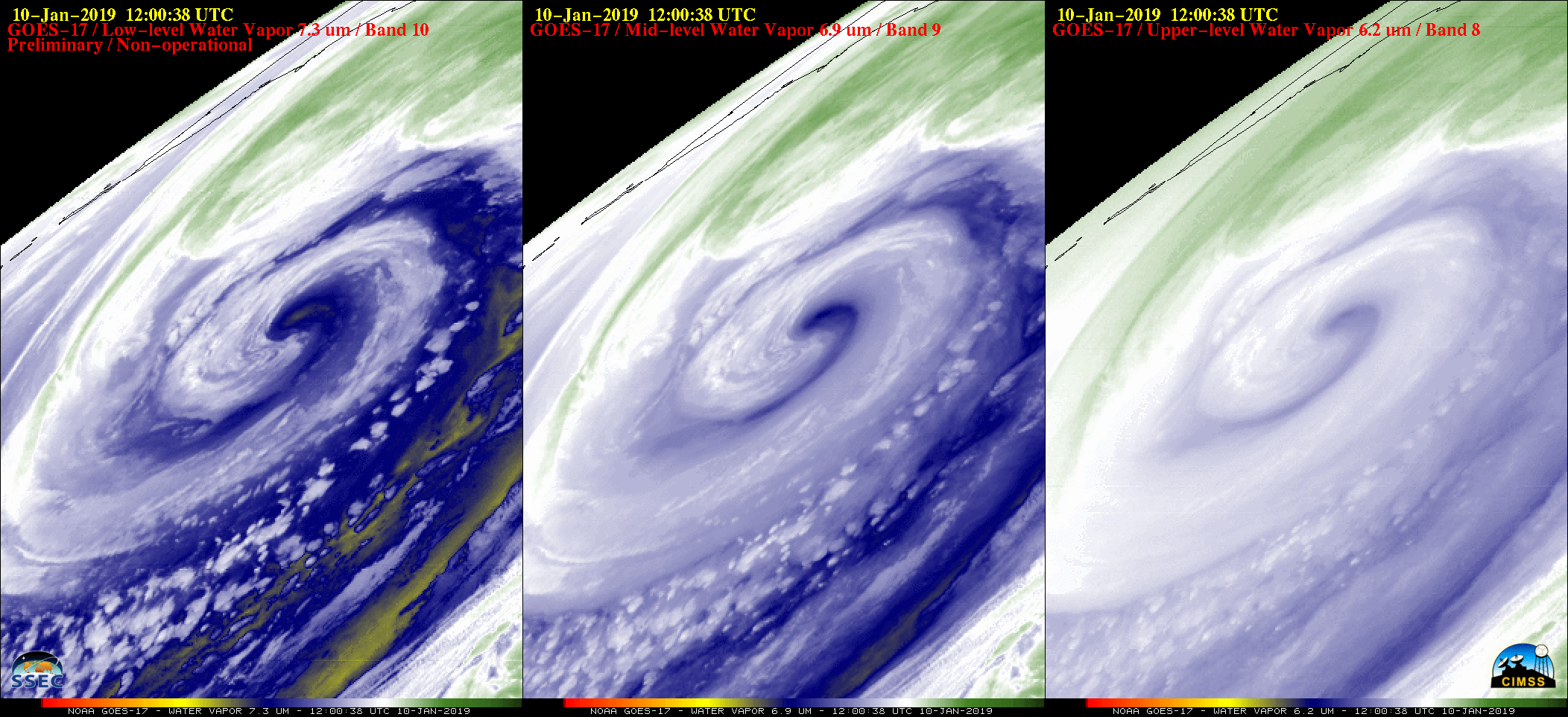 GOES-17 Low-level (7.3 µm, left), Mid-level (6.9 µm, center) and Upper-level (6.2 µm, right) Water Vapor images [click to play animation | MP4]