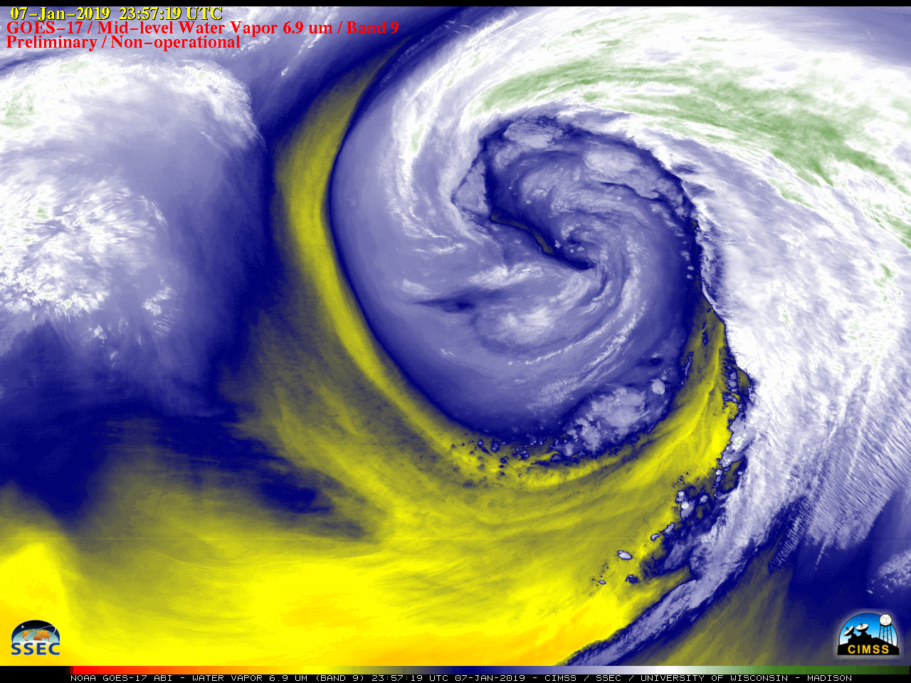 GOES-17 Low-level (7.3 µm), Mid-level (6.9 µm) and Upper-level (6.2 µm) Water Vapor images [click to play MP4 animation]