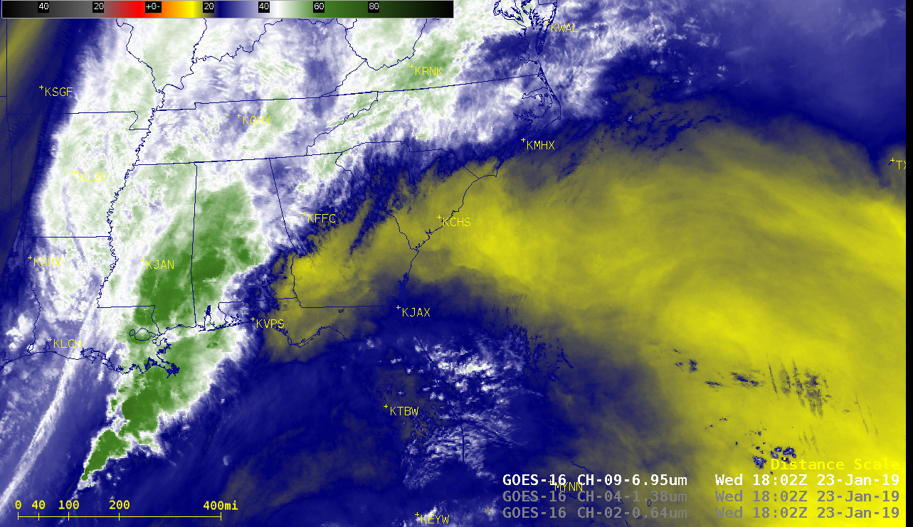 GOES-16 Mid-level Water Vapor (6.9 µm) images, with plots of rawinsonde sites in yellow [click to play animation | MP4]