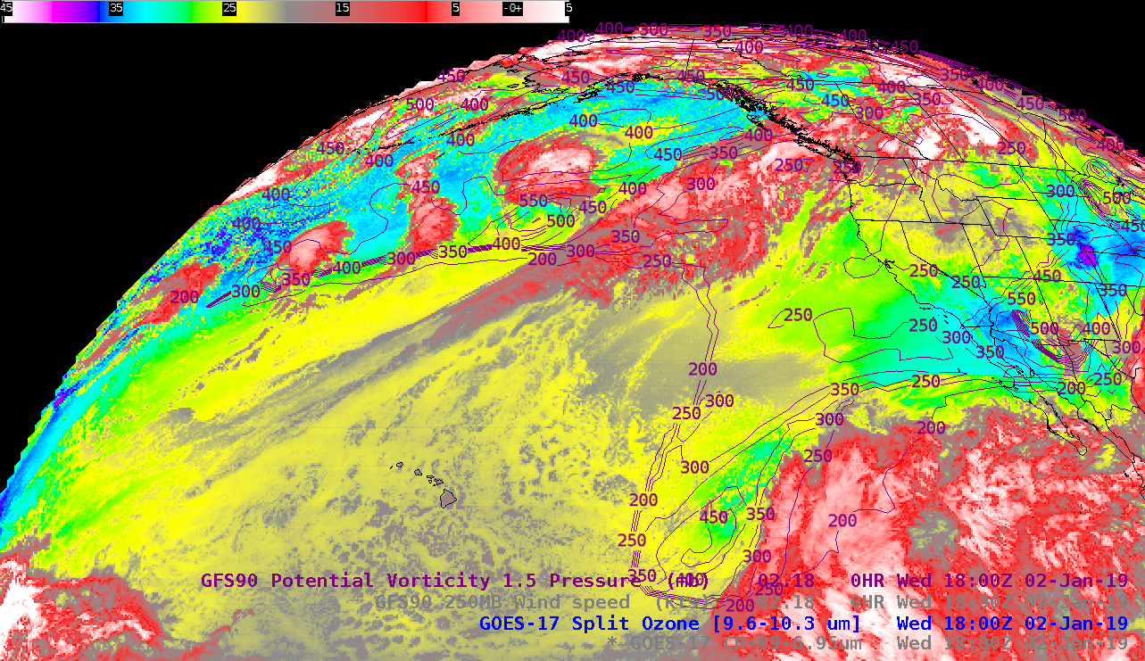 GOES-17 Split Ozone (9.6 - 10.3 µm) images, with contours of PV1.5 pressure [click to play animation | MP4]