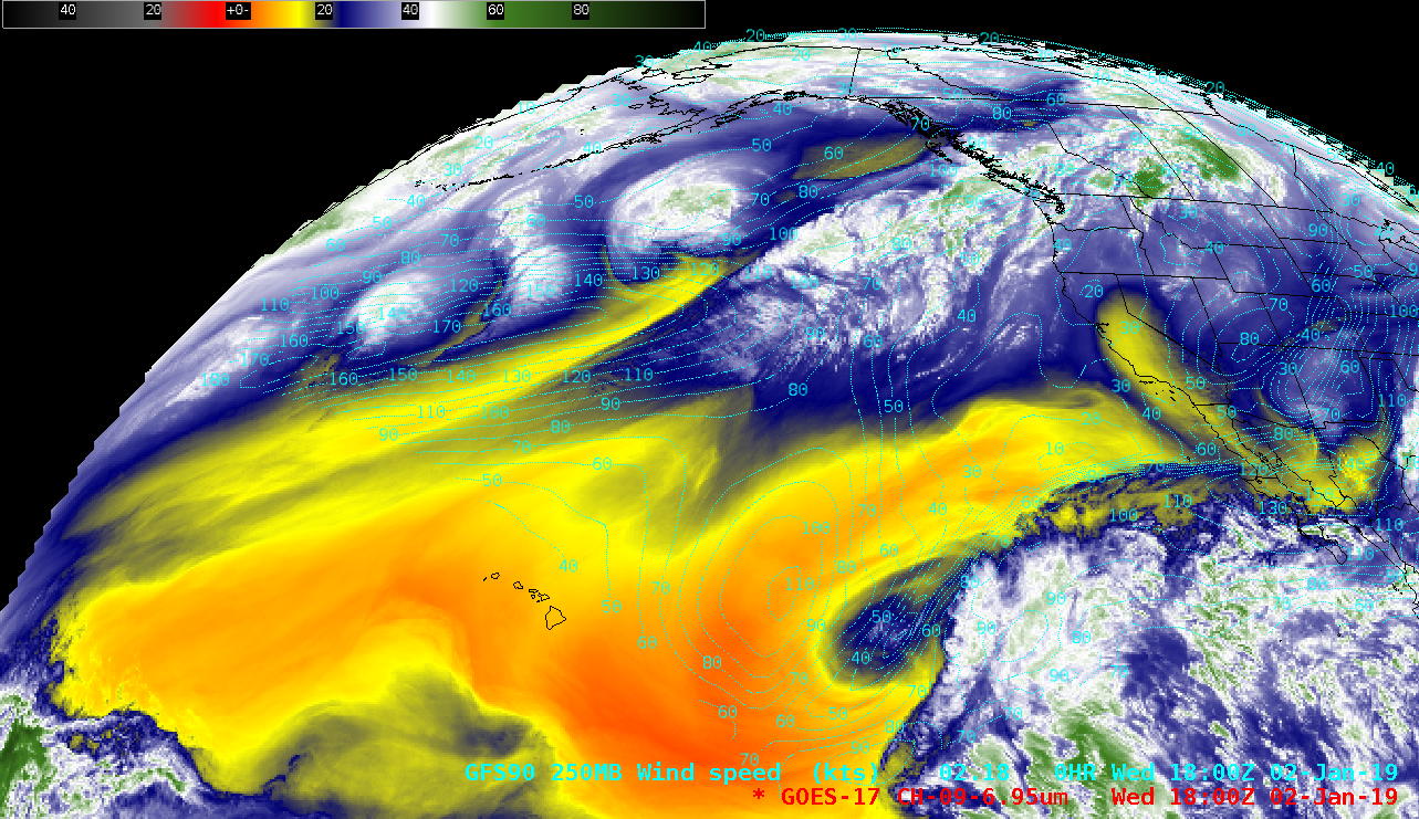 GOES-17 Mid-level Water Vapor (6.9 µm) images, with 250 hPa wind isotachs [click to play animation | MP4]