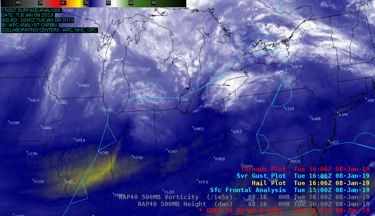 GOES-16 Mid-level Water Vapor (6.9 µm) images, with overlays of surface fronts and NAM40 geopotential height and vorticity [click to play animation | MP4]