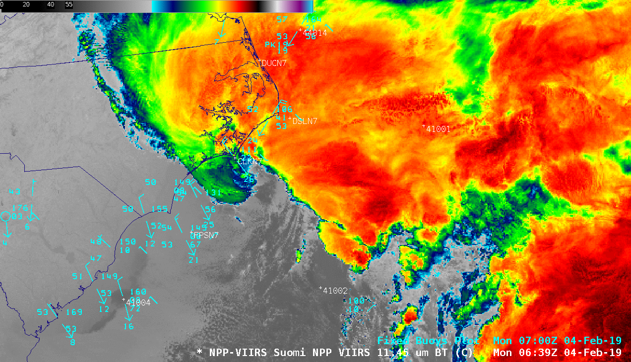 Infrared Window images from Terra MODIS (11.0 µm) and NOAA-20/Suomi NPP VIIRS (11.45 µm), with plot of fixed buoy reports [click to enlarge]