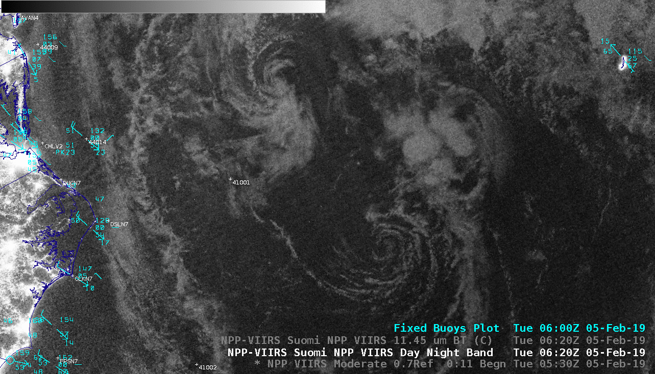 NOAA-20 VIIRS Day/Night Band (0.7 µm) and Infrared Window (11.45 µm) images at 0620 UTC [click to enlarge]