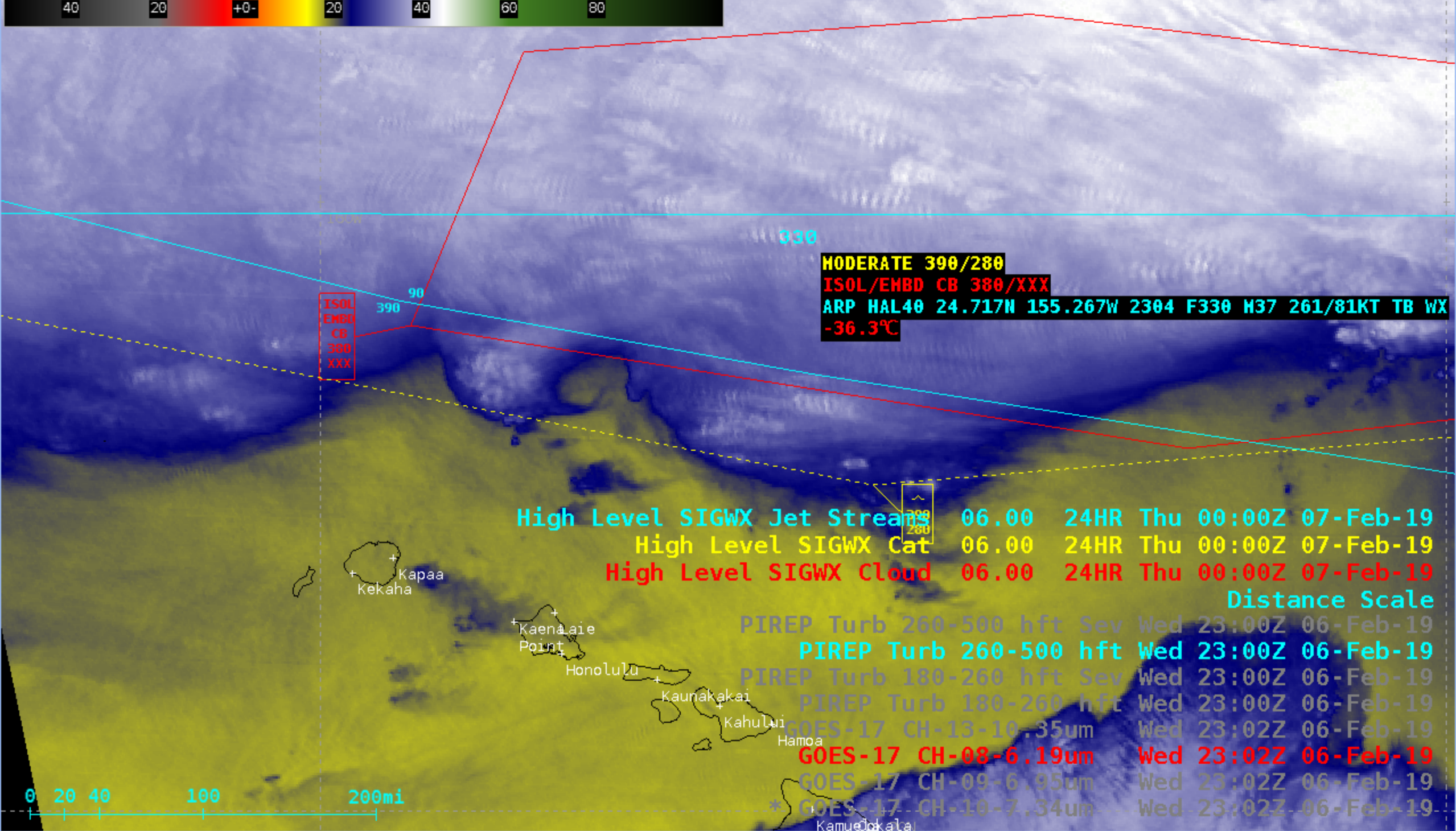 GOES-17 Upper-level Water Vapor (6.2 µm) image, with plots of aviation Significant Weather advisories [click to enlarge]